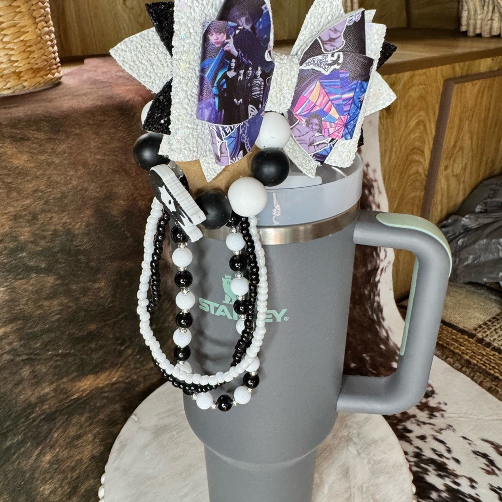 Stanley bow topper bracelet stack handle charm Wednesday Addams Black white set